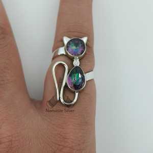 Mystic Topaz Dual Gemstone <b>Statement</b> Cat <b>Ring</b> Handmade Sterling Silver 18K for Birthday Christmas Valentine's Day Gift - Product Image 3
