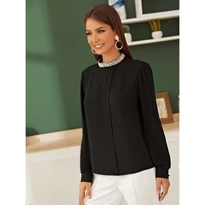 เสื้อคลุมแขนยาวผ้าเครปนำเข้าพร้อมดีเทลปกเสื้อ รุ่น 38609 - สีดำ - Product Image 2