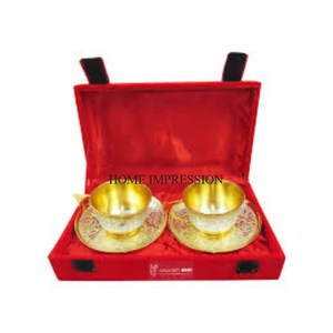 Set of 2 High Grade Gold Plated Classic Eco-Friendly Brass <b>Cup</b> <b>Saucer</b> for Tea and Espresso - Product Image 1
