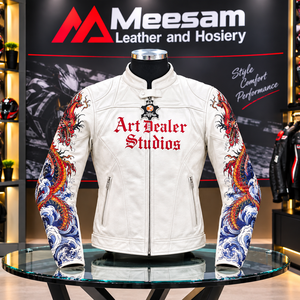 เสื้อแจ็คเก็ตมอเตอร์ไซค์หนังสีขาวสำหรับผู้ชาย แขนยาว ลายพิมพ์มังกร คอตั้ง เสื้อโค้ทสำหรับขับขี่  แจ็คเก็ตหนังวัวคุณภาพพรีเมียม - Product Image 1
