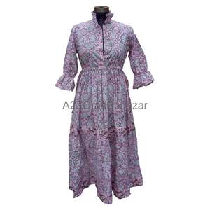 Robe midi en coton vintage pour femmes, col en V, manches courtes, écologique, légère, style minimaliste, décontractée, imprimé floral, respirante - Product Image 1