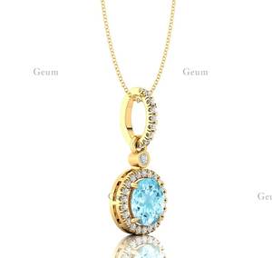 Collier pendentif à breloques solitaire Halo en or rose massif 14 carats avec pierres précieuses aigue-marine cultivées en laboratoire et diamant véritable pour elle - Product Image 4