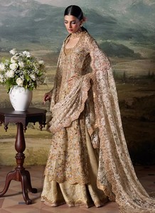 Robe de mariée brodée style A-Line avec lehenga choli, dupatta en résille, manches longues, ornée de perles florales, longueur ras du sol, pour cérémonie - Product Image 2