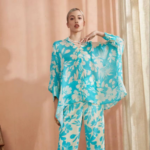 ชุดเดรสวินเทจพิมพ์ลายดอกไม้ผ้าชีฟองประดับมุกชุดเสื้อกางเกงสีฟ้าแบบลำลองขนาด XL มาตรฐานสูงลายดอก amyra - Product Image 1