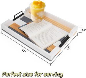 Plateau de service traditionnel en bois avec poignée en métal, plateau rectangulaire léger pour table basse, plateau décoratif, technique de gravure, mariage - Product Image 5