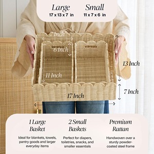 Juego de 3 Cestas de Mimbre Onduladas Tejidas a Mano, Cestas de Almacenamiento Hechas a Mano, Ratán Natural, Modernas, Multifuncionales, Hechas en Vietnam - Product Image 2