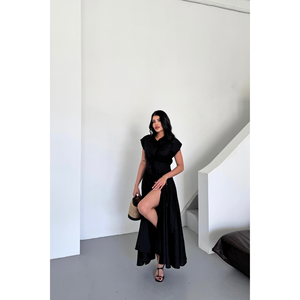 ชุดแต่งงานผ้าลินินลายแจ็คการ์ดสีดำพร้อมผ่าด้านหน้าและกระเป๋า - Product Image 4