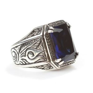 925 Sterling <b>Silver</b> Rectangular Sapphire Stone Men's Statement <b>Ring</b> <b>Emerald</b> Cut Bezel Setting Everyday Wear Princess Cut Diamond - Product Image 2