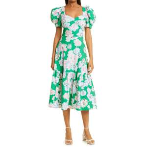 Robe Tanya Taylor Danielle pour Kelly Green, motif floral, tailles XS-XL, col carré, décolleté sans bretelles, doublure naturelle respirante, idéale pour la journée - Product Image 1