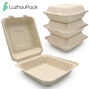 LuzhouPack 1200ml 8" Microwavable Greaseproof Eco Friendly Biodegradable Sugarcane Bagasse Food Lunch Box To Go