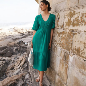 Look attrayant tissu de gaze de coton bohème mi-longueur coupe ample Maxi robe vacances col en V avec robe à demi-manches - Product Image 1