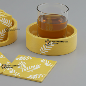 Indian Supplier Offers Handmade Yellow & <b>White</b> Bone Inlay <b>Coaster</b> Set with Holder Floral Pattern Drink <b>Coasters</b> - Product Image 2