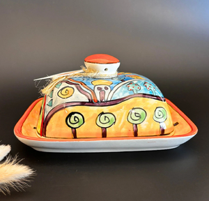 Pastel pink and grey abstract print ceramic butter dish, available at wholesale prices, ceramic butter dish. - Product Image 6