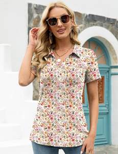 Blouses tuniques décontractées amples pour femmes col en V pour polos poche manches courtes hauts à col respirant comprimé maillot solide - Product Image 2