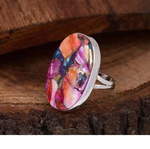 Anillo de Gema ovalada de ostra espinosa rosa en plata de ley, joyería llamativa hecha a mano, diseño de banda dividida - Product Image 4