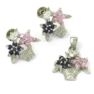 Ensemble de boucles d'oreilles et de pendentif en argent avec fleurs en pierres précieuses fines - Product Image 3
