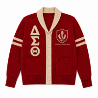 Cardigan universitaire en coton 100% personnalisé pour sororité, avec col châle, broderies, patchs et manches rayées, vente en gros, OEM
