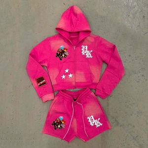 Ensemble sweat à capuche et short surdimensionné pour homme en molleton de coton 500 g/m² avec logo personnalisé imprimé DTG, sans cordon, orné de strass, style streetwear hivernal - Product Image 5