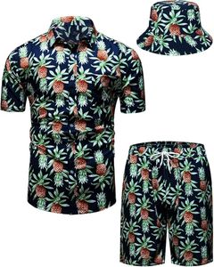 <b>Mens</b> 3PCS Set Vintage Satin Breathable Custom Flower Hawaiian Shirt Shorts and <b>Bucket</b> <b>Hat</b> Summer Beach Holiday Outfit - Product Image 3