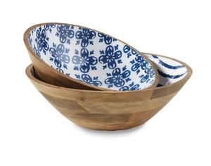 Juego de 2 cuencos esmaltados de madera de mango con patrón azul, ensaladas de madera rústicas hechas a mano, cuencos para mezclar frutas - Product Image 1