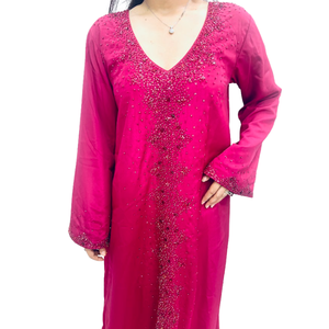 High Quality Designer Women Muslim Heavy Embroidery Sequined Eid Luxury Hot Pink Solid Color Floor Length Long Sleeve <b>Abaya</b> - Product Image 2