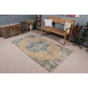 Alfombra Vintage de 3.8x7 pies, Alfombra Turca con Diseño Floral Azul - Product Image 1