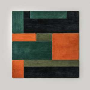 Alfombra Geométrica Moderna Retro de Lana Tufted Hecha a Mano |   Alfombra de área en colores naranja, verde y negro |   Alfombra Decorativa Vintage de Mediados de Siglo para Sala de Estar - Product Image 1