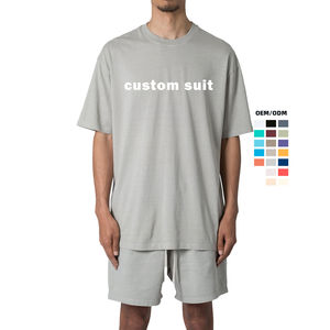 Ropa de calle con cuello redondo para hombre, conjuntos de pantalones cortos de gran tamaño, conjunto corto de moda de algodón 100%, camiseta y chándal corto - Product Image 1