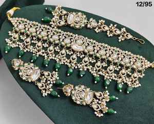 Magnifique collier indien en Kundan véritable de qualité supérieure en forme de larme avec boucles d'oreilles, ensemble de bijoux de mariage pour femmes - Product Image 4