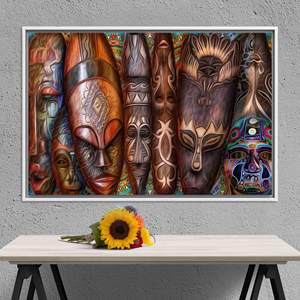 Impression sur toile de masque africain aux tons bruns élégants - Décoration moderne, toile encadrée blanche - Product Image 1