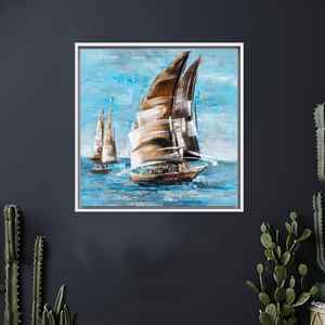 Tableau mural sur toile avec bateau à voile en mer - Impression décorative nautique côtière, encadré blanc - Product Image 1