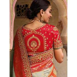 Sari Tradicional de Seda Dola Pura en un Delicioso Gris y Naranja con Bordado para Bodas y Festivales - Product Image 3