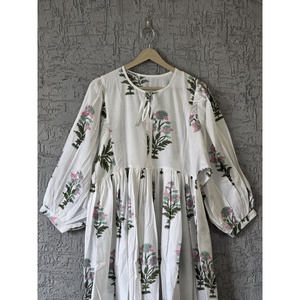 Vintage Sage Pink Floral Cotton Maxi <b>Dress</b> Hand-Block Inspired Boho Style <b>Elastic</b> Waist Breathable Summer ODM <b>Dress</b> for Leisure - Product Image 4