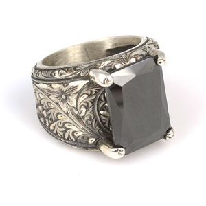 925 Oniks Tal Kalemli Dikdrtgen Erkek Yzk Geometric Pattern Rhodium Plated with <b>Emerald</b> Cut Diamond Everyday Wear - Product Image 3