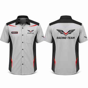 Camisa de trabajo personalizada para equipo de mecánicos, con botones, manga corta, diseño con ribetes, ropa de carreras, para verano e invierno - Product Image 4