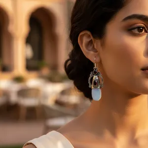 ต่างหูเงินแท้ 925 ประดับด้วยหินคาลเซโดนีและโกเมน ดีไซน์แบบโคมระย้า สำหรับผู้หญิง เหมาะเป็นของขวัญ เครื่องประดับ - Product Image 1