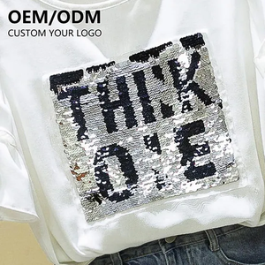 OEM venta al por mayor lentejuelas camiseta personalizada lentejuelas brillante logo bordado parche 100% algodón alta calidad 3D bordado mujer camiseta - Product Image 4