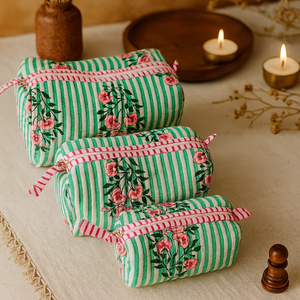 Bolsas de Maquillaje de Algodón Duradero con Estampado Floral de Rayas Verde Claro, Bolsas Indias con Cremallera, Kit Organizador de Cosméticos de Viaje - Product Image 1