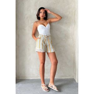 TOPSHOW Women's Khaki Striped Linen Blend Shorts with Delicate Lace Hem Detail for Summer Casual Wear - Product Image 3