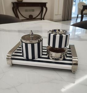 Ensemble de brûleur à encens en bois de santal noir et blanc à rayures de luxe avec plateau Porte-bakhoor pour cadeaux du Ramadan Décoration de maison du Moyen-Orient - Product Image 1