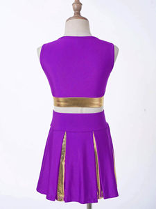 Tenues de cheerleading imprimées violettes avec logo personnalisé pour les équipes scolaires féminines, vêtements d'esprit d'équipe, performance et entraînement pour les jours de match - Product Image 5