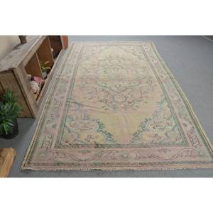 พรมตุรกีวินเทจขน9.7ft เบจสีเขียวขนาด5.7 X ถักทอแบบแบนมีลวดลายปะติดสำหรับตกแต่งห้องนั่งเล่นหรือใช้ในห้องโถง - Product Image 3