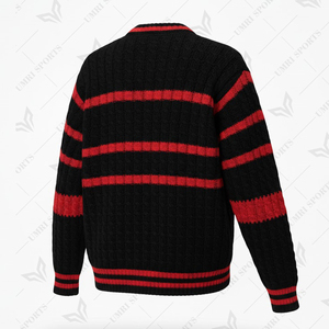 Cardigan en tricot rayé noir et rouge pour femme, manches longues, décontracté, style sororité, fermeture boutonnée, 100% acrylique - Product Image 3