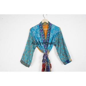 Bata Larga de Seda 100%, Transpirable, Suave, Estilo Bohemio, con Parches, para Mujer, Mangas Largas, Cuello en V, Cierre con Cordón, Informal, Larga - Product Image 2