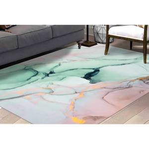 Tapis vert marbré : accent doré chatoyant, tons doux modernes, avec poils doux - Product Image 2