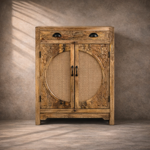 Gabinete de almacenamiento de madera maciza de mango MKJ |   Muebles de Salón de Estilo Japandi de Mediados de Siglo |   Puertas Corredizas de Ratán Talladas a Mano, 2 Unidades - Product Image 1