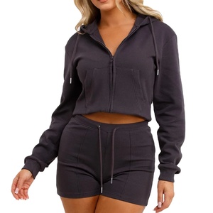 Summer Women's Two Piece Custom Logo Crop Hoodie <b>Short</b> <b>Set</b> <b>Top</b> Selling Lightweight Customized Women Crop <b>Top</b> Hoodie <b>Short</b> <b>Set</b> - Product Image 1