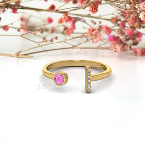 Anello con gambo diviso con zaffiro rosa da 3mm e accento di diamanti 14k oro massiccio con anello con rivestimento in oro aperto OEM/ODM gioielli all'ingrosso