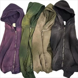 Sweat à capuche zippé pour homme, coupe classique, coupe-vent, 100% coton, délavé à l'acide, effet usé, avec impression de logo personnalisé, écologique, pour l'hiver - Product Image 1