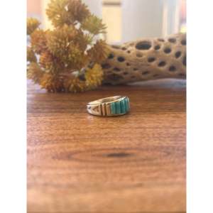 Allen Lee Kingman Dainty <b>Statement</b> <b>Ring</b> Turquoise Sterling <b>Silver</b> Inlay Smooth Cut Platinum Rhodium Size 9.5 Everyday Wear - Product Image 4